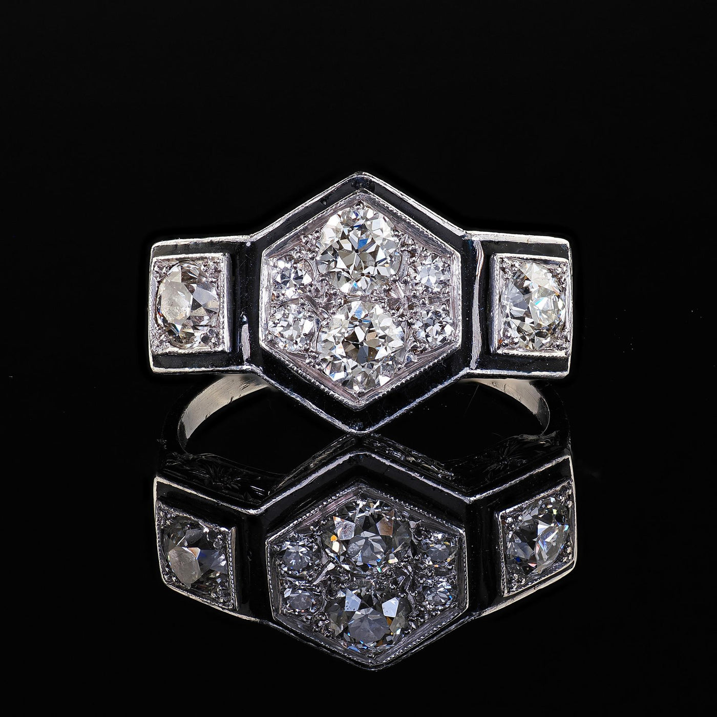 Antique Art Deco Platinum Old Euro Diamond Enamel Three Stone Cluster Ring