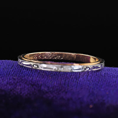 Antique Art Deco 14K Gold and Platinum Engraved Wedding Band Ring - Size 6 3/4