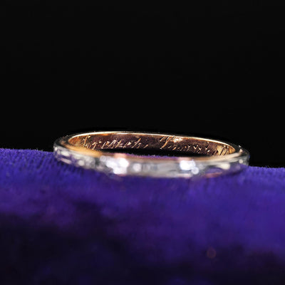 Antique Art Deco 14K Gold and Platinum Engraved Wedding Band Ring - Size 6 3/4