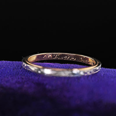 Antique Art Deco 14K Gold and Platinum Engraved Wedding Band Ring - Size 6 3/4