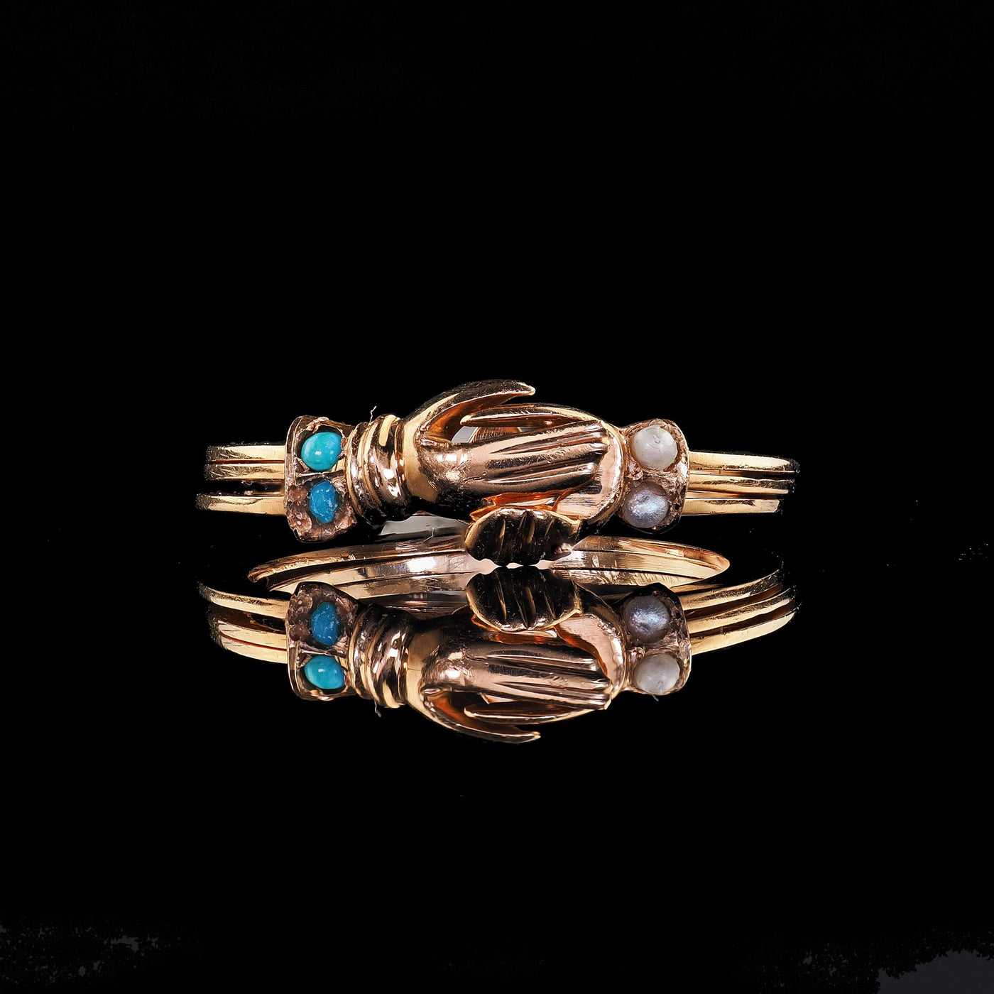 Antique Art Deco 14K Rose Gold Turquoise and Pearl Fede Heart in Hand Ring