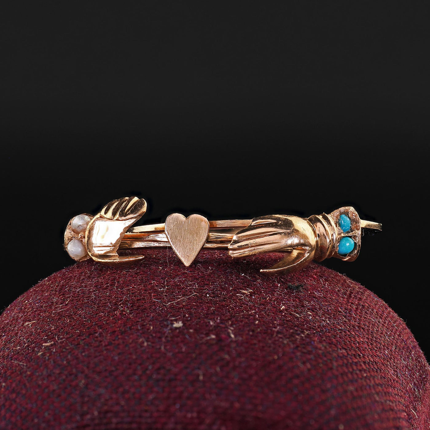 Antique Art Deco 14K Rose Gold Turquoise and Pearl Fede Heart in Hand Ring