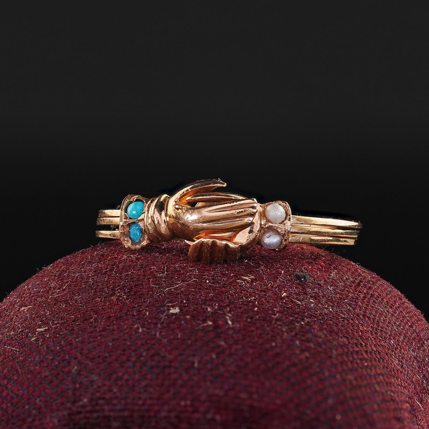 Antique Art Deco 14K Rose Gold Turquoise and Pearl Fede Heart in Hand Ring