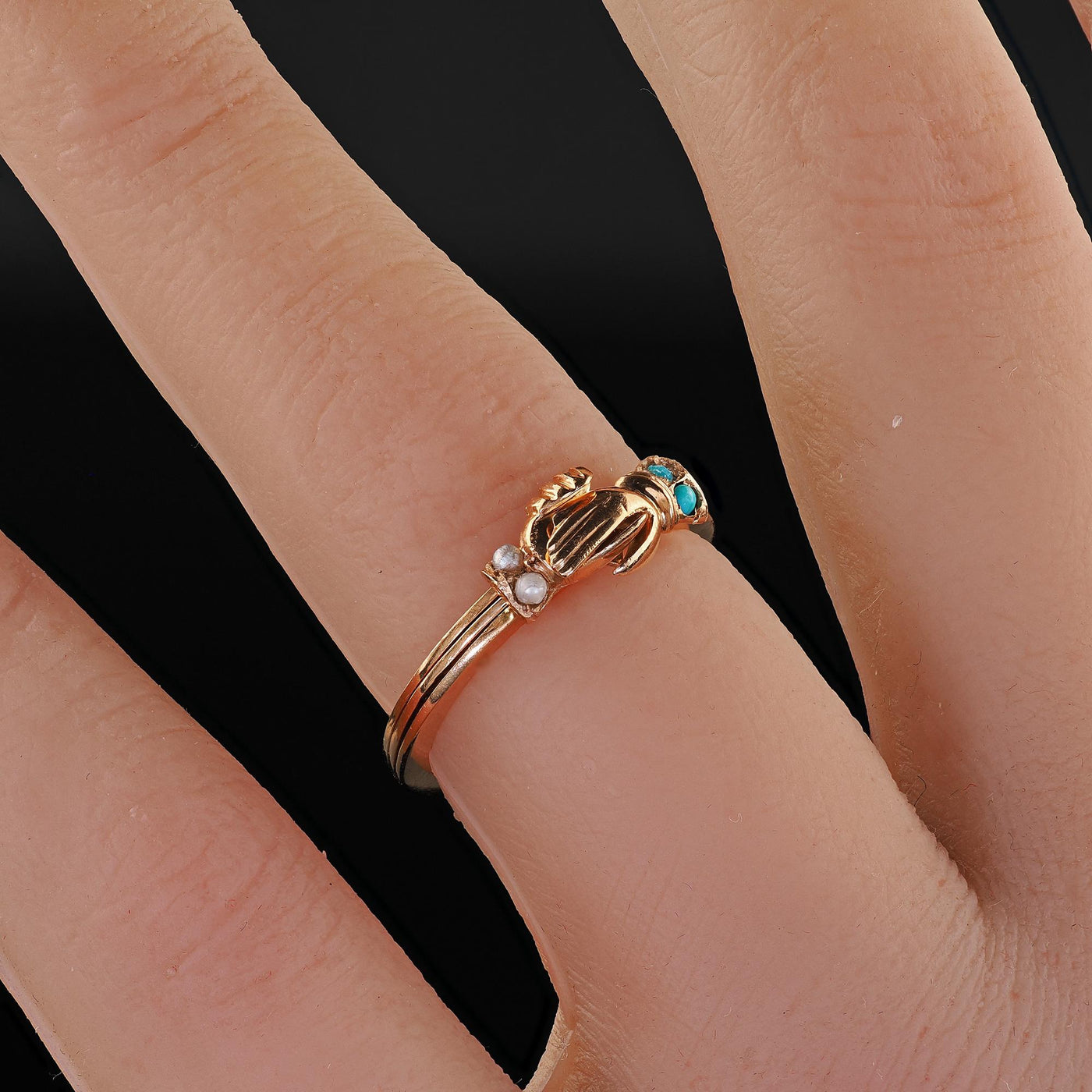 Antique Art Deco 14K Rose Gold Turquoise and Pearl Fede Heart in Hand Ring