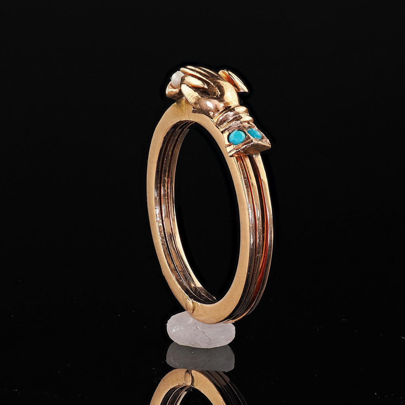 Antique Art Deco 14K Rose Gold Turquoise and Pearl Fede Heart in Hand Ring