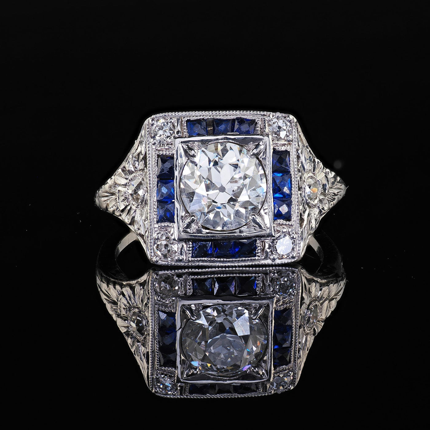 Antique Art Deco Platinum Old Euro Diamond Sapphire Halo Engagement Ring - GIA