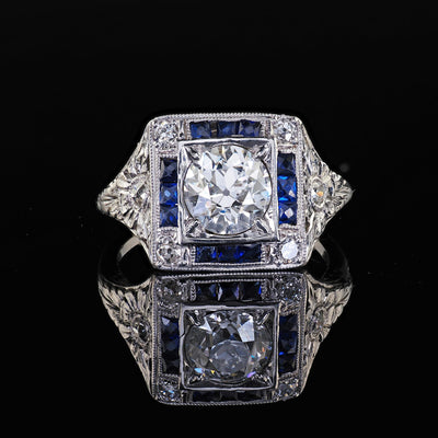 Antique Art Deco Platinum Old Euro Diamond Sapphire Halo Engagement Ring - GIA