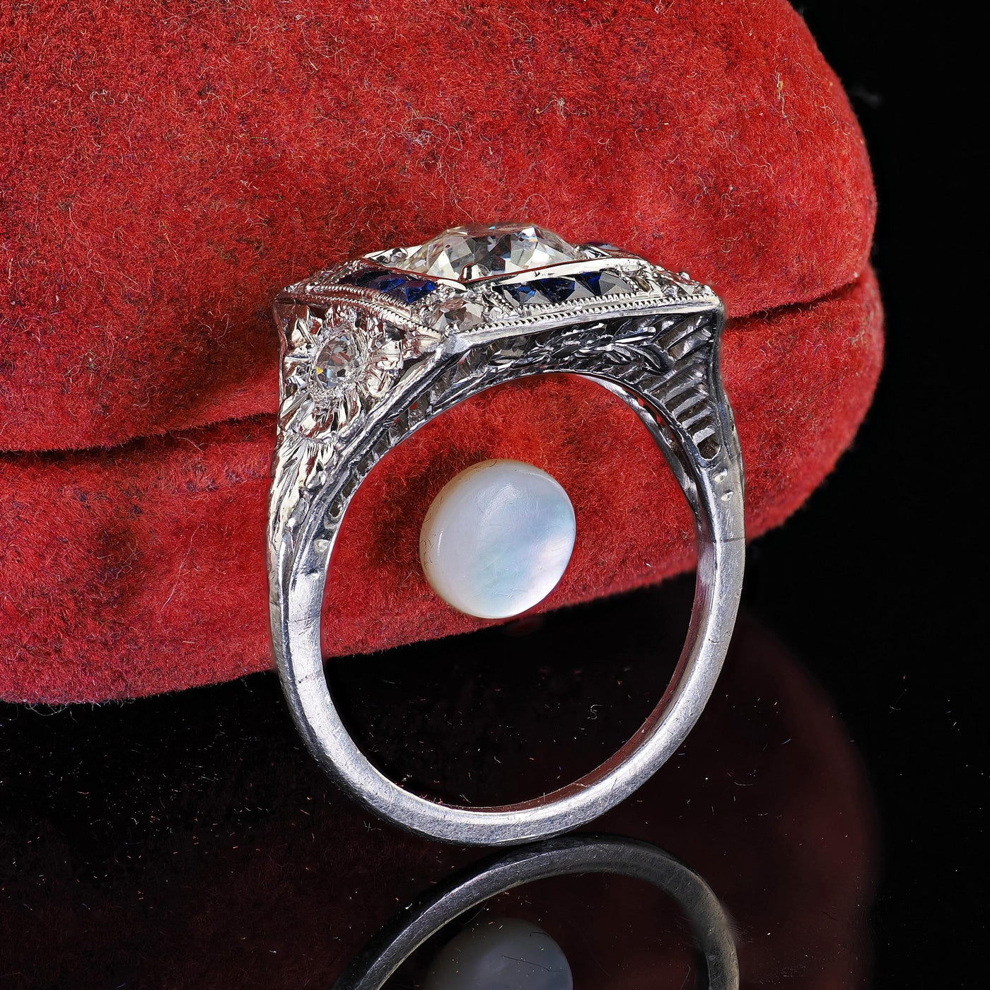 Antique Art Deco Platinum Old Euro Diamond Sapphire Halo Engagement Ring - GIA