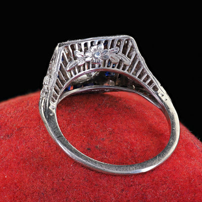 Antique Art Deco Platinum Old Euro Diamond Sapphire Halo Engagement Ring - GIA