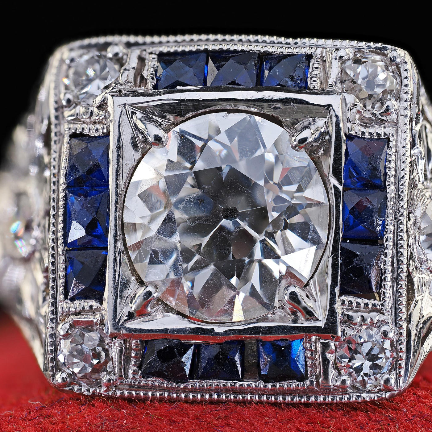 Antique Art Deco Platinum Old Euro Diamond Sapphire Halo Engagement Ring - GIA