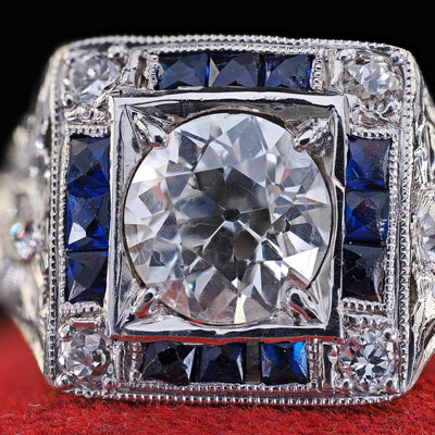 Antique Art Deco Platinum Old Euro Diamond Sapphire Halo Engagement Ring - GIA