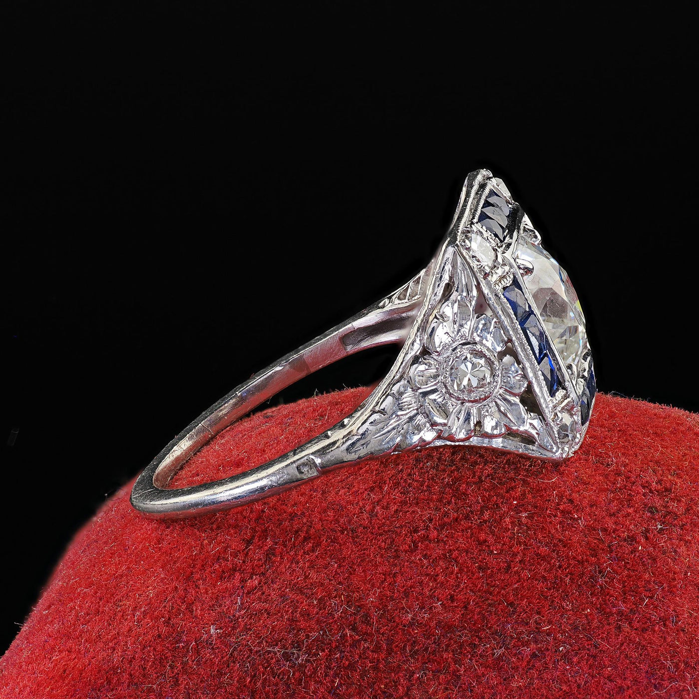 Antique Art Deco Platinum Old Euro Diamond Sapphire Halo Engagement Ring - GIA