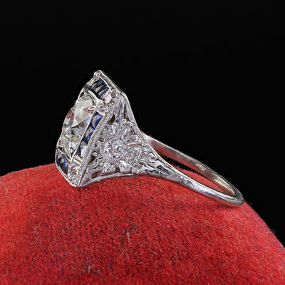 Antique Art Deco Platinum Old Euro Diamond Sapphire Halo Engagement Ring - GIA