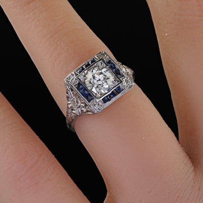 Antique Art Deco Platinum Old Euro Diamond Sapphire Halo Engagement Ring - GIA