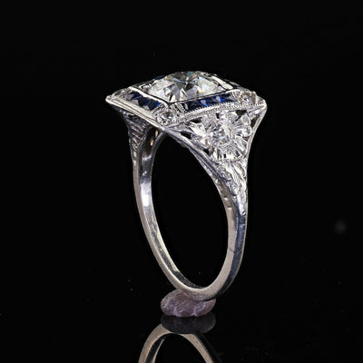 Antique Art Deco Platinum Old Euro Diamond Sapphire Halo Engagement Ring - GIA