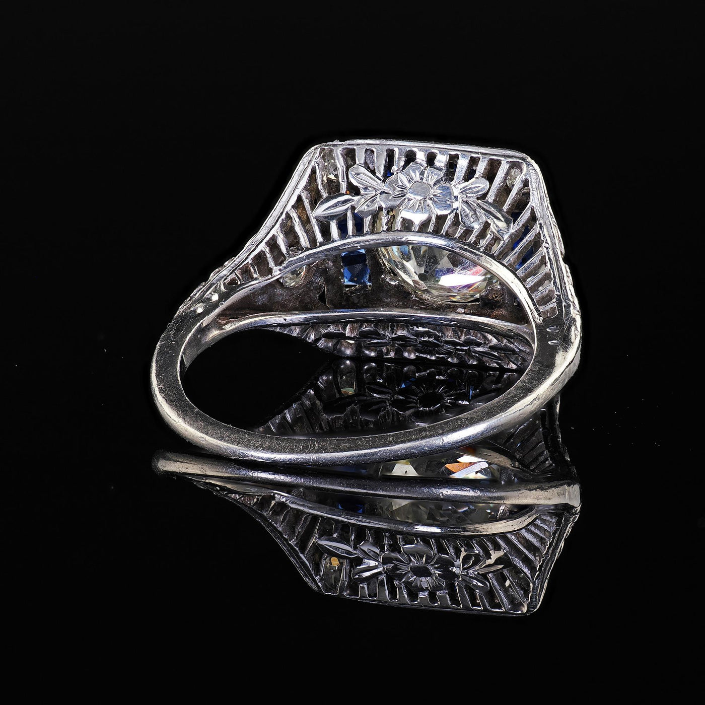 Antique Art Deco Platinum Old Euro Diamond Sapphire Halo Engagement Ring - GIA