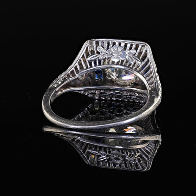 Antique Art Deco Platinum Old Euro Diamond Sapphire Halo Engagement Ring - GIA