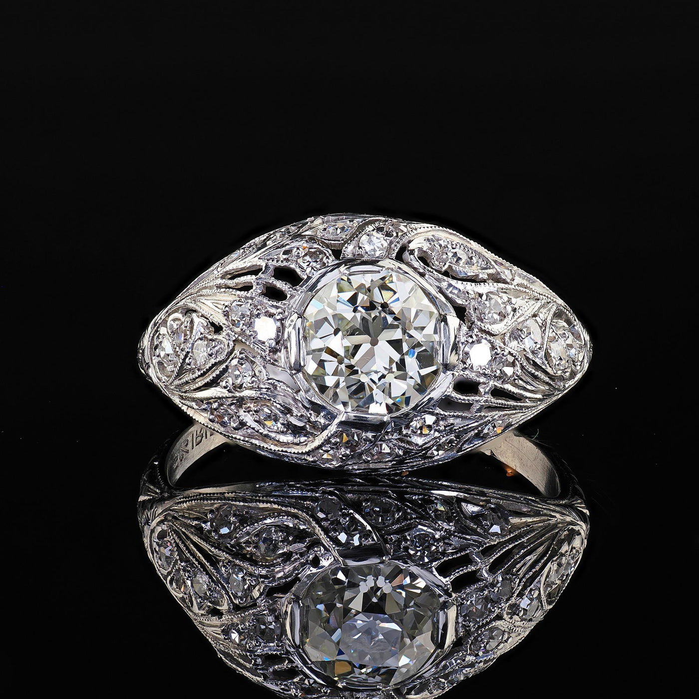 Antique Art Deco Platinum Old European Diamond Floral Engagement Ring - GIA