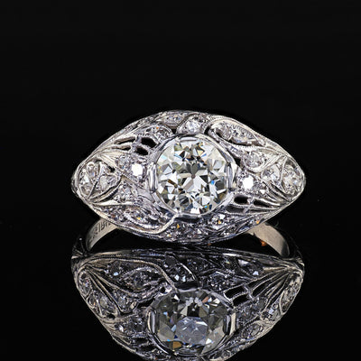 Antique Art Deco Platinum Old European Diamond Floral Engagement Ring - GIA