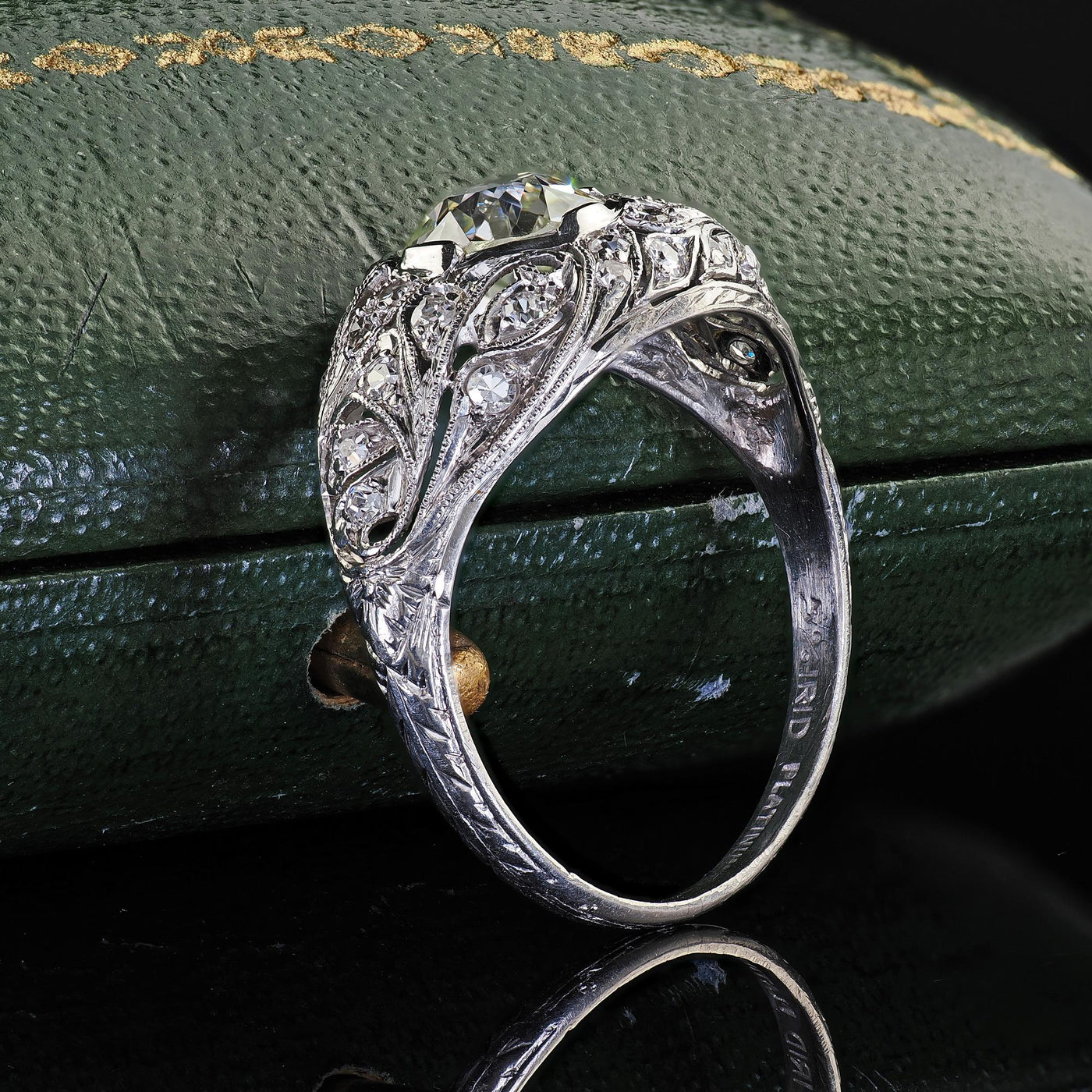 Antique Art Deco Platinum Old European Diamond Floral Engagement Ring - GIA