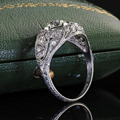Antique Art Deco Platinum Old European Diamond Floral Engagement Ring - GIA