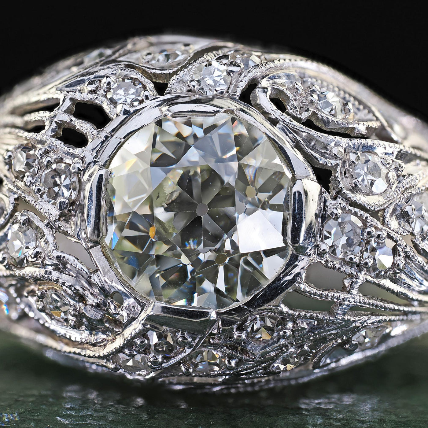 Antique Art Deco Platinum Old European Diamond Floral Engagement Ring - GIA