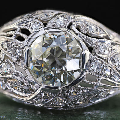 Antique Art Deco Platinum Old European Diamond Floral Engagement Ring - GIA