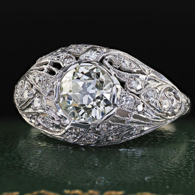 Antique Art Deco Platinum Old European Diamond Floral Engagement Ring - GIA