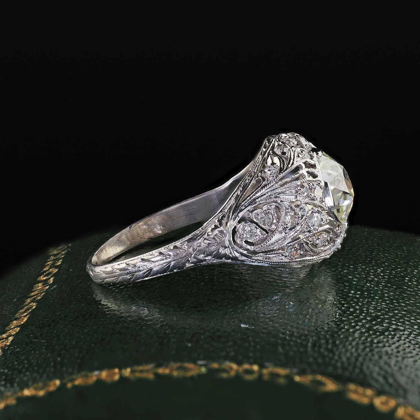 Antique Art Deco Platinum Old European Diamond Floral Engagement Ring - GIA