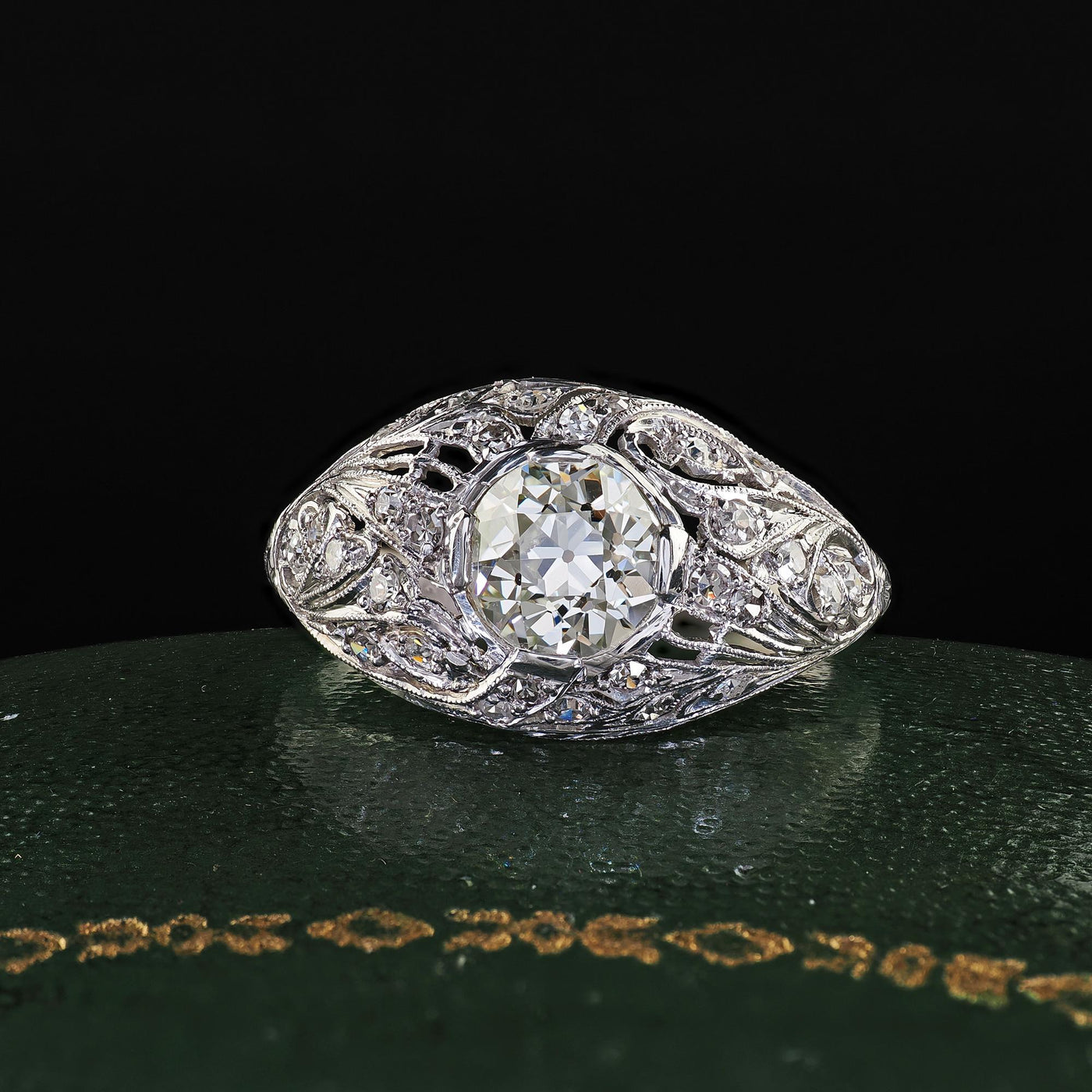 Antique Art Deco Platinum Old European Diamond Floral Engagement Ring - GIA