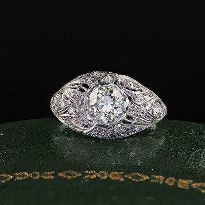 Antique Art Deco Platinum Old European Diamond Floral Engagement Ring - GIA