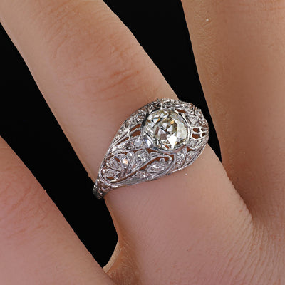 Antique Art Deco Platinum Old European Diamond Floral Engagement Ring - GIA
