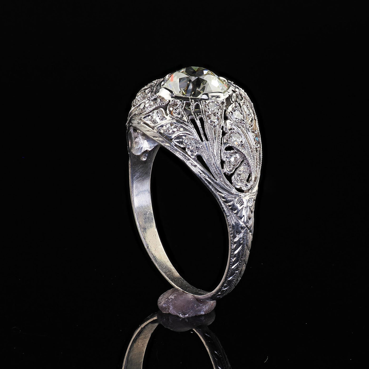 Antique Art Deco Platinum Old European Diamond Floral Engagement Ring - GIA