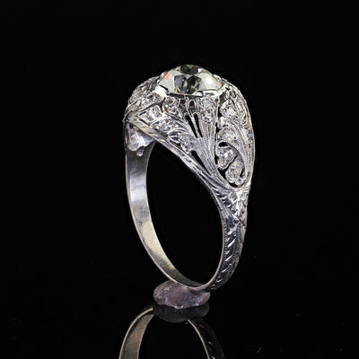 Antique Art Deco Platinum Old European Diamond Floral Engagement Ring - GIA