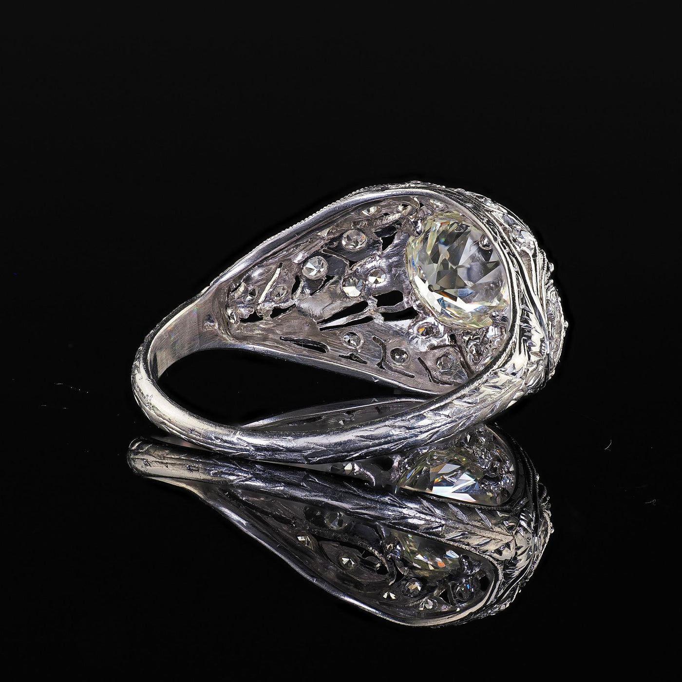 Antique Art Deco Platinum Old European Diamond Floral Engagement Ring - GIA