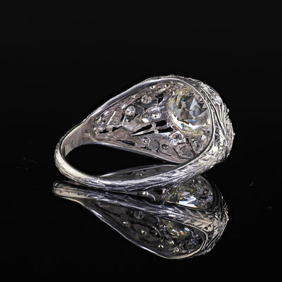 Antique Art Deco Platinum Old European Diamond Floral Engagement Ring - GIA