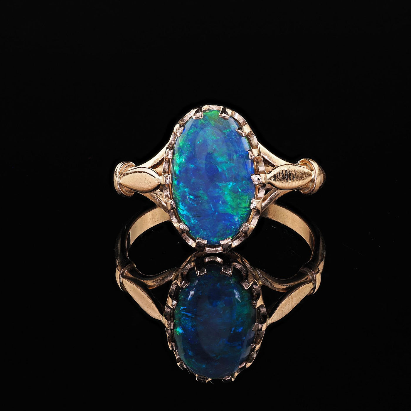 Antique Art Deco 14K Yellow Gold Natural Black Opal Engagement Ring
