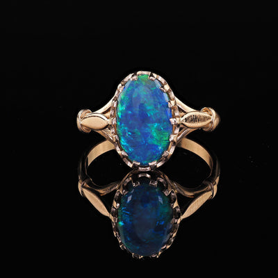 Antique Art Deco 14K Yellow Gold Natural Black Opal Engagement Ring