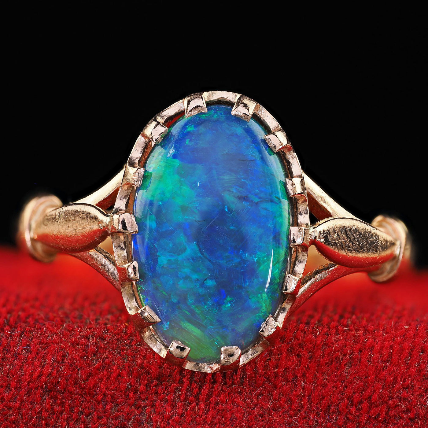 Antique Art Deco 14K Yellow Gold Natural Black Opal Engagement Ring