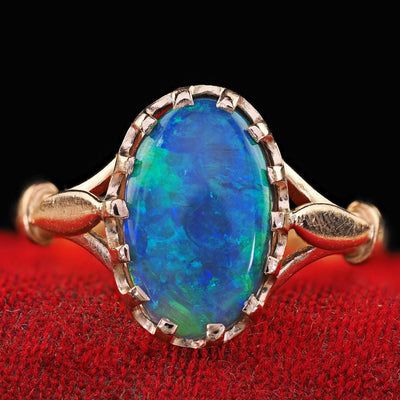 Antique Art Deco 14K Yellow Gold Natural Black Opal Engagement Ring