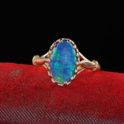 Antique Art Deco 14K Yellow Gold Natural Black Opal Engagement Ring