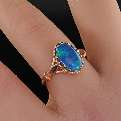 Antique Art Deco 14K Yellow Gold Natural Black Opal Engagement Ring