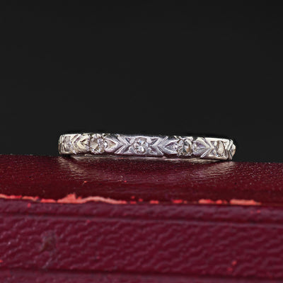 Antique Art Deco Platinum Single Cut Diamond Engraved Wedding Band Ring