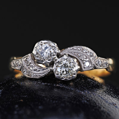 Antique Art Deco 18K Gold and Platinum Old Cut Diamond Toi Et Moi Ring