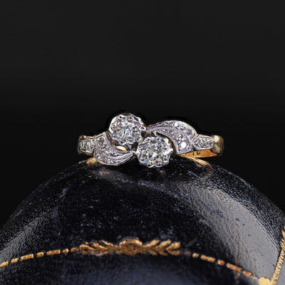 Antique Art Deco 18K Gold and Platinum Old Cut Diamond Toi Et Moi Ring