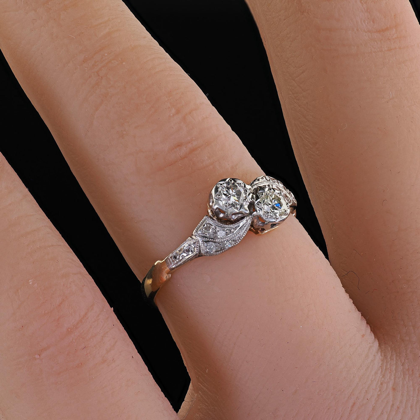 Antique Art Deco 18K Gold and Platinum Old Cut Diamond Toi Et Moi Ring
