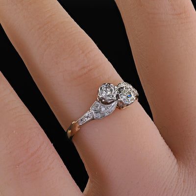 Antique Art Deco 18K Gold and Platinum Old Cut Diamond Toi Et Moi Ring