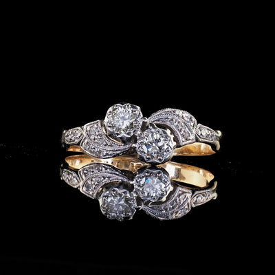 Antique Art Deco 18K Gold and Platinum Old Cut Diamond Toi Et Moi Ring