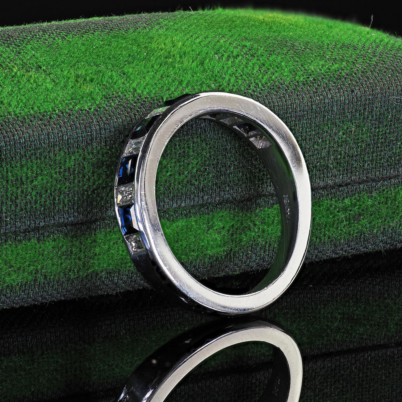 Estate 18K White Gold Baguette Diamond and Sapphire Wedding Band Ring