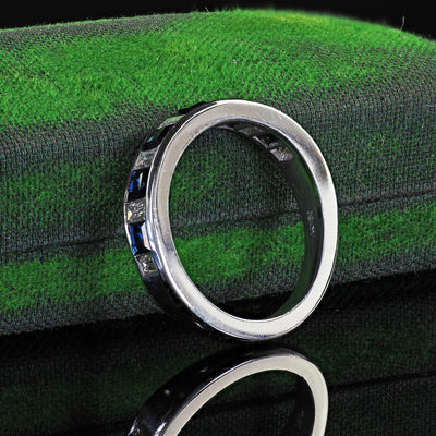 Estate 18K White Gold Baguette Diamond and Sapphire Wedding Band Ring